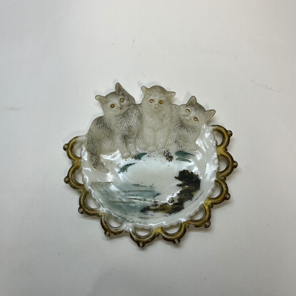 Vintage Milk Glass Three Kittens Plate Lacy Edge Hand Painted Cat Trinket Dish